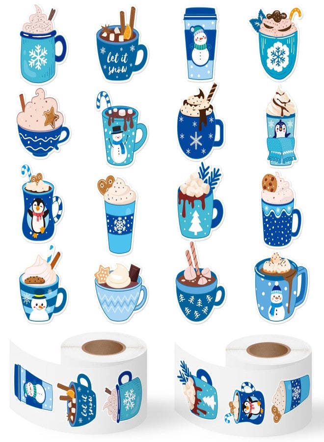 Haooryx Winter Latte Sticker Rolls - 1000Pcs Blue Color Mugs Latte Stickers in 16 Different Patterns, Self-Adhesive Vinyl Label Decals for Teens Adults Winter Holiday Party Supplies Laptop Scrapbook - Image 1